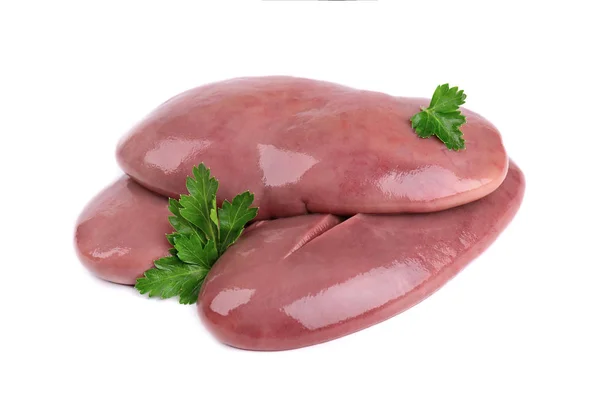 Beyaz arka planda izole domuz böbrek ham. Closeup. Maydanoz yaprakları ile izole domuz böbrek.