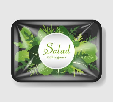 Selofan kapaklı plastik tepsi kapsayıcısında salata karışımı bırakır. Mockup tasarım şablonu. Plastik gıda konteyner. Vektör çizim.