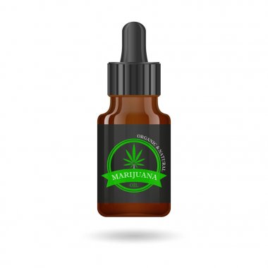 Kenevir yağı ile gerçekçi kahverengi cam şişe. Kenevir yağı özler kavanoz kadar alay. Tıbbi marihuana logosuna etiket. Vektör çizim.