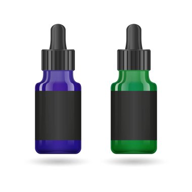 Cam kavanozda uçucu yağ. Vektör ambalaj tasarım şablonu ve amblemi - güzellik, tıbbi ve kozmetik yağ. Farklı renklerde şişeler kadar mock. Vektör çizimi.