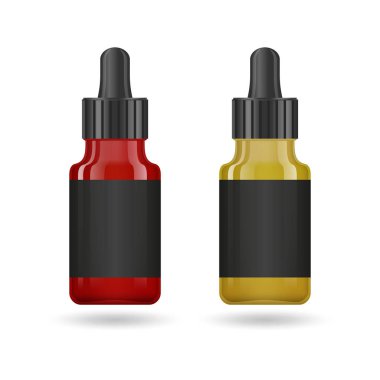 Cam kavanozda uçucu yağ. Vektör ambalaj tasarım şablonu ve amblemi - güzellik, tıbbi ve kozmetik yağ. Farklı renklerde şişeler kadar mock. Vektör çizimi.