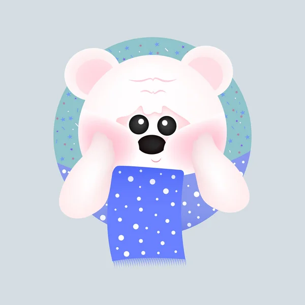 Χαριτωμένο λευκό αρκούδα με κόκκινα μάγουλα με μπλε κασκόλ, σε μπλε φόντο. Για την κάρτα μωρού και την πρόσκληση. Απεικόνιση διανυσματικών φορέων. — Διανυσματικό Αρχείο