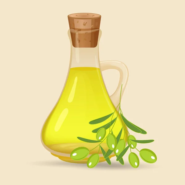 Carafe com azeite, isolado sobre fundo branco. jarro de vidro com óleo e azeitonas com folhas em um ramo. Ilustração vetorial . —  Vetores de Stock