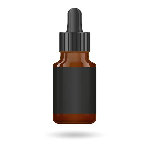 Realistic essential oil brown bottle. Mock up bottle. Cosmetic vial, flask, flacon. Medical bank. Cosmetic dropper-bottle with design label. Vector illustration. — Stock Vector