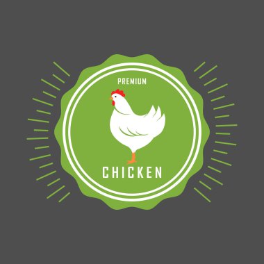 Premium tavuk logosu. Etiketler, rozetler ve tasarım öğeleri. Organik stil. Yeşil eko tavuk çıkartmaları. Vektör İllüstrasyonu.