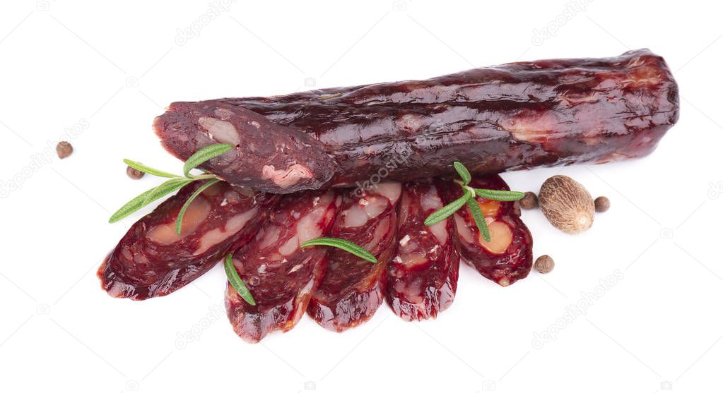 Horse sausage. Tasty dried sausage, close-up, isolated on white background.