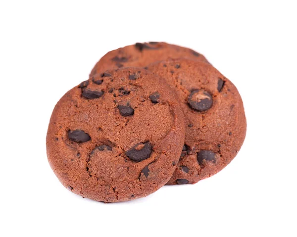 Double chocolate chip cookies isolated on white background. Cookies with chocolate drops. Sweet biscuits. Homemade pastry. — Stock Photo, Image