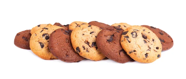 Double chocolate chip cookies isolated on white background. Cookies with chocolate drops. Sweet biscuits. Homemade pastry. — Stock Photo, Image