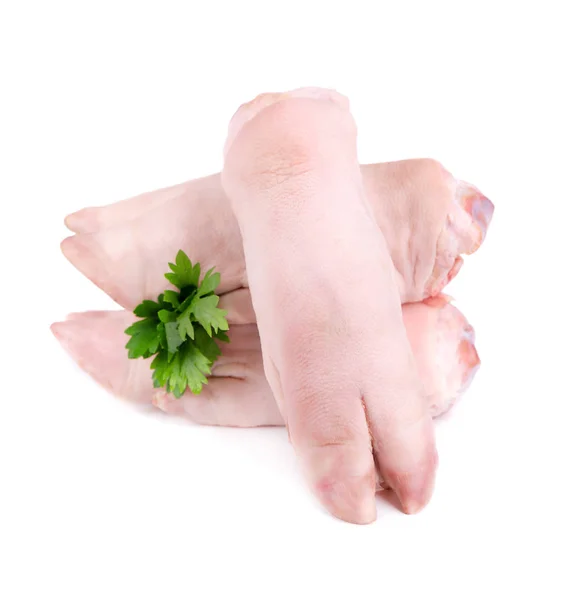 Jambes de porc crues avec un brin de persil, isolées sur un fond blanc. Sabots de porc frais . — Photo