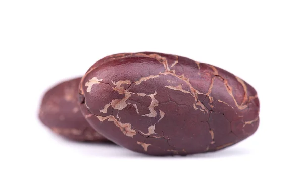 Geschälte Kakaobohnen, isoliert auf weißem Hintergrund. geröstete und aromatische Kakaobohnen, natürliche Schokolade. — Stockfoto