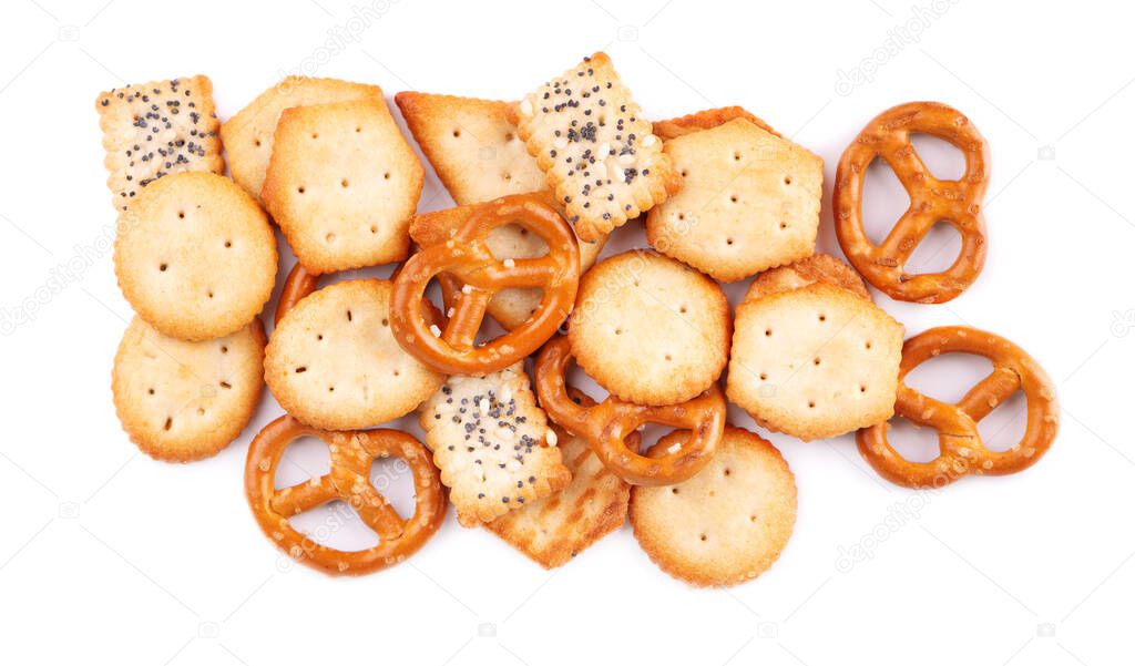 Mix crackers isolated on white background. Dry cracker cookies isolated. Salty snacks isolated. Top view