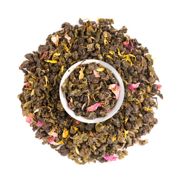 Tie Guan Yin Tea Petals Lilac Hibiscus Sunflowe Isolated White — Stock Photo, Image