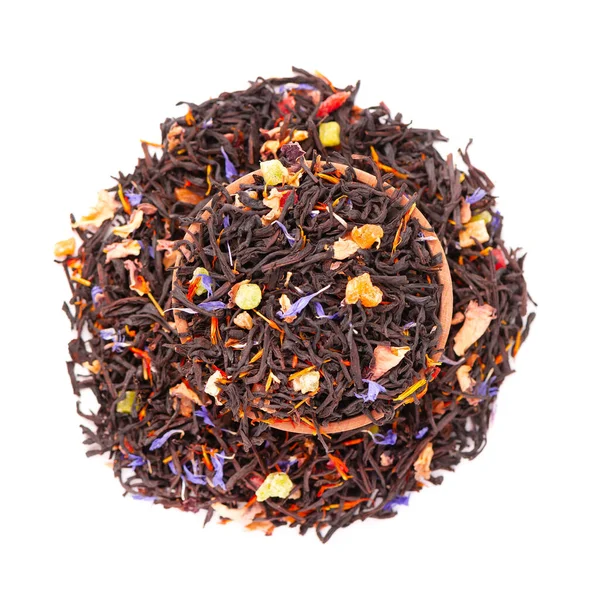Black Ceylon Tea Candied Fruit Saffron Rose Cornflower Petals Isolated — Stock Photo, Image