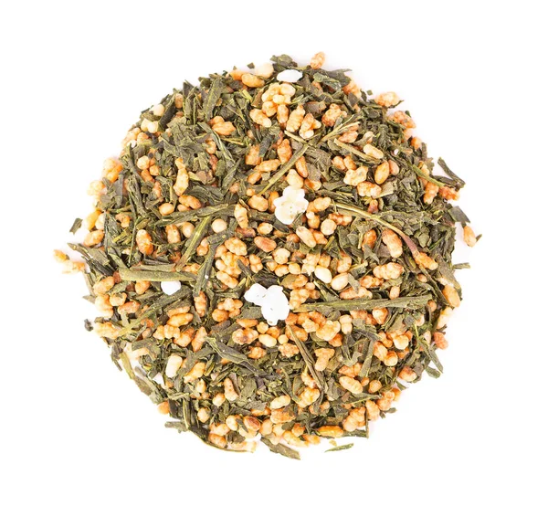 Japanese green tea Genmaicha, isolated on white background. Tea leaves with roasted brown rice. Organic tea. Top view. Close up. — Stock Photo, Image