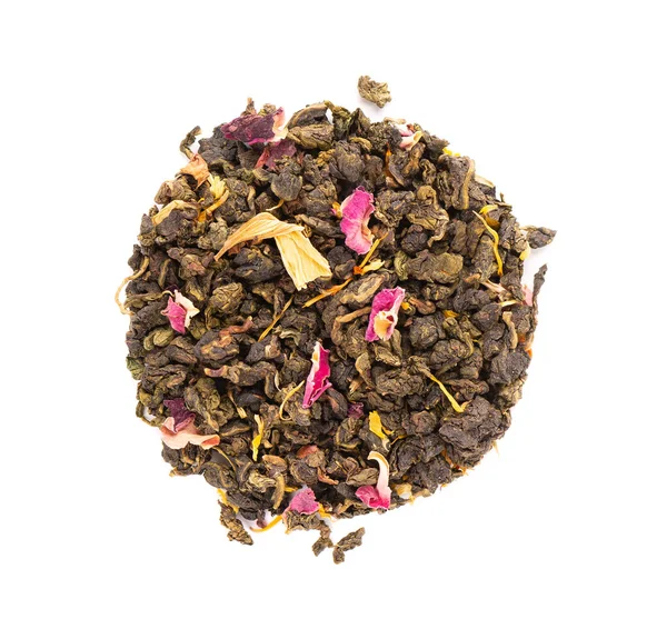Tie Guan Yin tea with the petals of lilac, hibiscus and sunflowe, isolated on white background. Organic green tea. Top view. Close up. — Stock Photo, Image