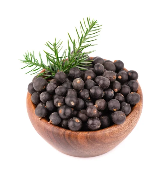 Dry Juniper Berries Wooden Bowl Isolated White Background Common Juniper — Stock Photo, Image