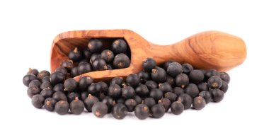 Kuru ardıç meyveleri, beyaz arka planda izole edilmiş. Ahşap kepçe içinde ardıç meyveleri