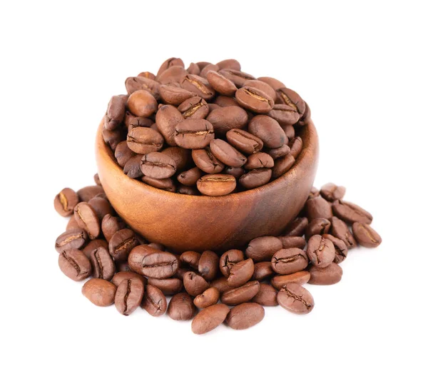 Kaffebönor Trä Skål Isolerad Vit Bakgrund Rostade Arabica Kaffebönor — Stockfoto