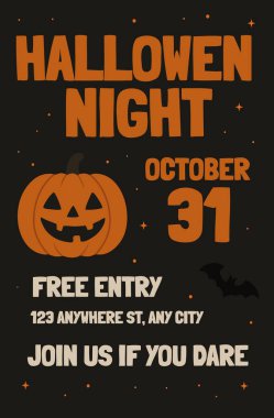 Cadılar Bayramı Gece Partisi Pilotu 31 Ekim Balkabağı ve Yarasa İllüstrasyonu Davetiyesi