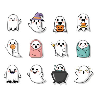 Şirin Cadılar Bayramı Hayalet Simgesi Şekerleme, Cadı Şapkası, Sihirli Asa ve Düz Vektör İllüstrasyonunda Kazan ile Sevimli Çizgi Film Ruhları