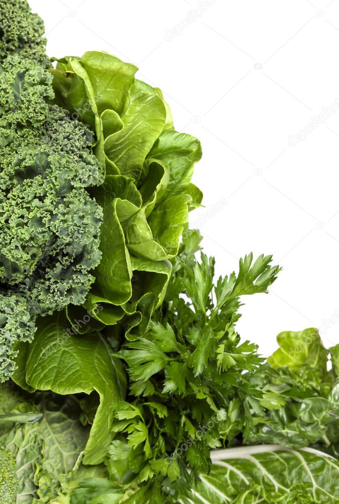Clean salad and vegetable leaves on a white background