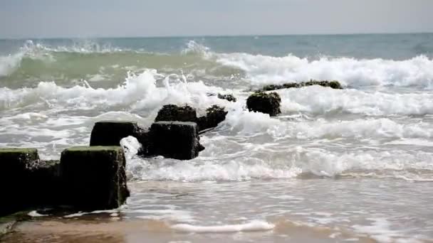Wellen Spülen Wasser Über Hölzerne Schutzwälle — Stockvideo