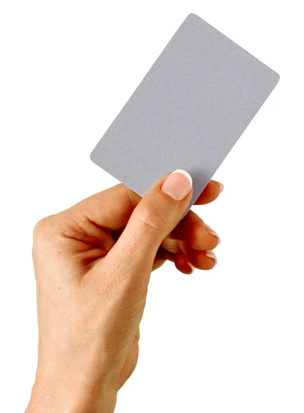 Mão Segurando Cartão Crédito Cinza Branco — Fotografia de Stock