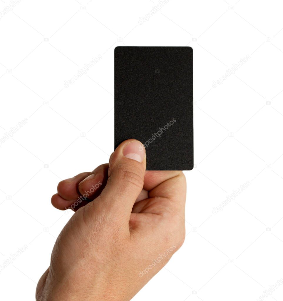 Hand holding up a blank black credit card