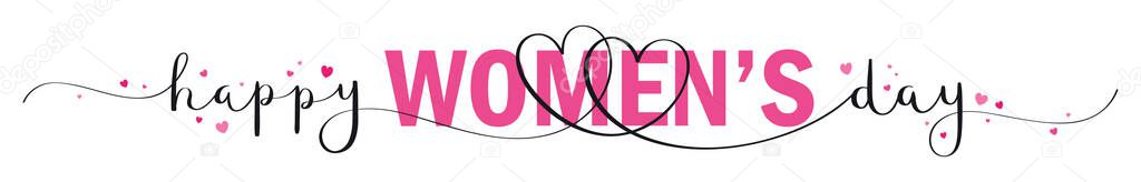 HAPPY WOMENS DAY pink and black vector brush calligraphy banner with hearts