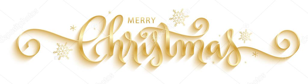 MERRY CHRISTMAS metallic gold vector brush calligraphy banner with swashes