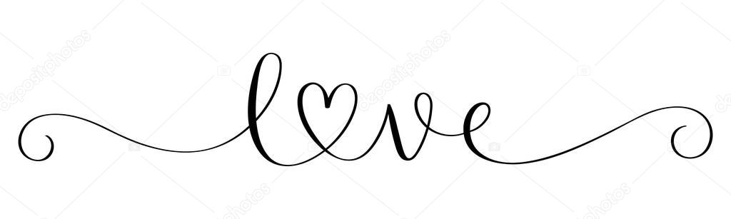 LOVE vector brush calligraphy banner with swashes and heart symbol