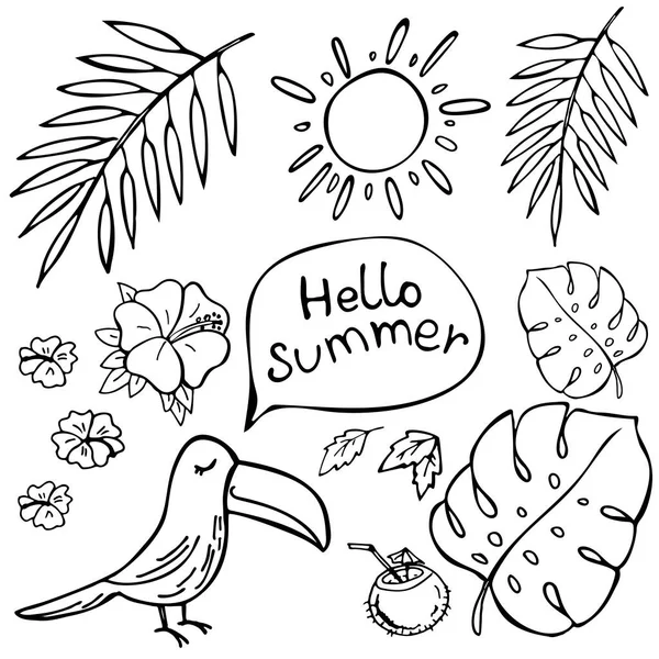 Elle Çizilmiş Toucan Konuşuyor Merhaba Summer Beyaza Ayrılmış Tropikal Yapraklar — Stok Vektör