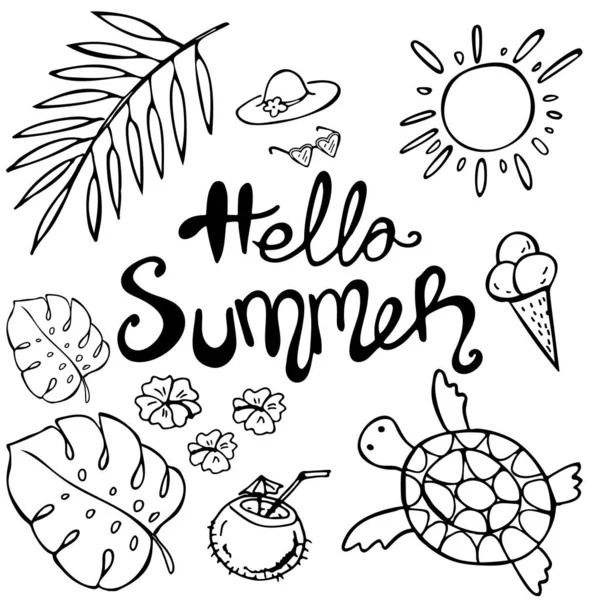 Letras Desenhadas Mão Hello Summer Sun Ice Cream Monstera Leaves — Vetor de Stock