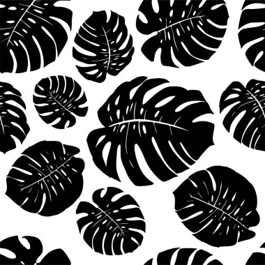 Beyaz arka planda siyah canavar siluetleri var. Kusursuz desen. Vektör illüstrasyonu. Kumaş baskısı için mükemmel, yapıştırma kitabı, hediye paketi ve duvar kağıdı için de..