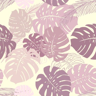 Sarı arka planda pembe canavar yaprakları var. Kusursuz desen. Vektör illüstrasyonu. Kumaş baskısı için mükemmel, yapıştırma kitabı, hediye paketi ve duvar kağıdı için de..