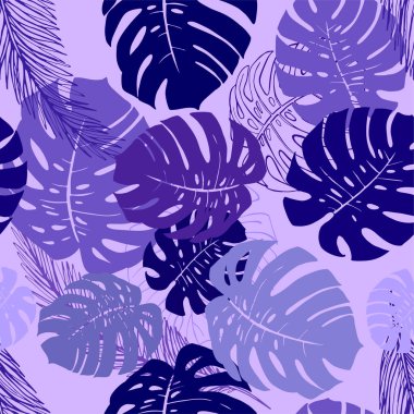 Leylak arka planında renkli canavar yaprakları. Kusursuz desen. Vektör illüstrasyonu. Kumaş baskısı için mükemmel, yapıştırma kitabı, hediye paketi ve duvar kağıdı için de..