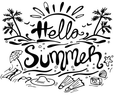 Merhaba Summer 'ın el yazısı, batan güneş, palmiye ağaçları, beyaz arka planda plaj. Vektör çizimi. Tebrik kartı, kartpostal, baskı ve pankart için mükemmel..