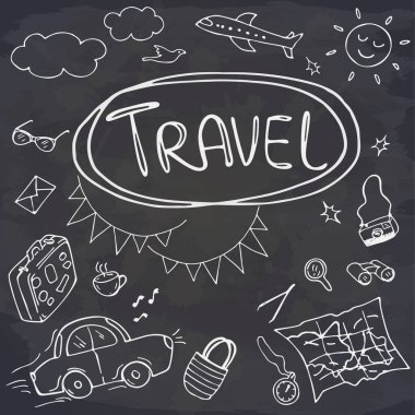 Tahtaya bir dizi karalama. Seyahat ve tatil amblemleri ve sembolleri. Vektör çizimi. Tebrik kartı, kartpostal, baskı için mükemmel..