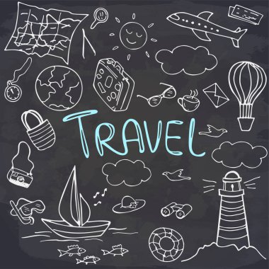 Tahtaya bir dizi karalama. Seyahat ve tatil amblemleri ve sembolleri. Vektör çizimi. Tebrik kartı, kartpostal, baskı için mükemmel..
