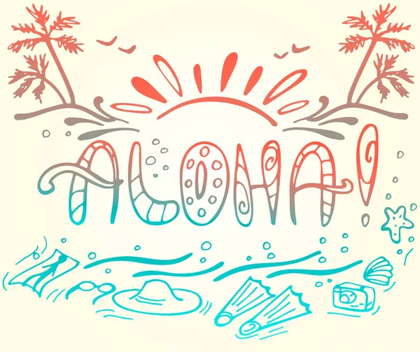 Letras Dibujadas Mano Aloha Contra Atardecer Sobre Fondo Amarillo Ilustración — Archivo Imágenes Vectoriales