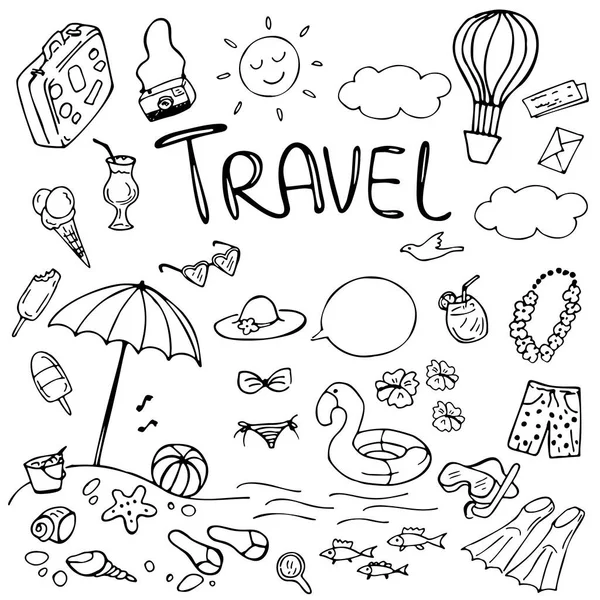 Set Summer Doodles Isolated White Travel Vacation Emblems Symbols Vector — Stock Vector