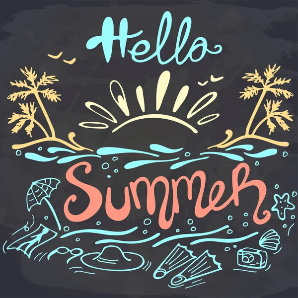 Letras Desenhadas Mão Hello Summer Setting Sun Palm Trees Beach — Vetor de Stock