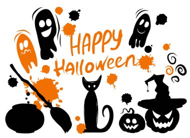 Cadılar Bayramı seti. Cadı şapkalı balkabağı, kedi, hayalet, süpürge, kazan. Cadılar Bayramın kutlu olsun. Vektör çizimi. Pankart, poster, broşür, tebrik kartı şablonu.