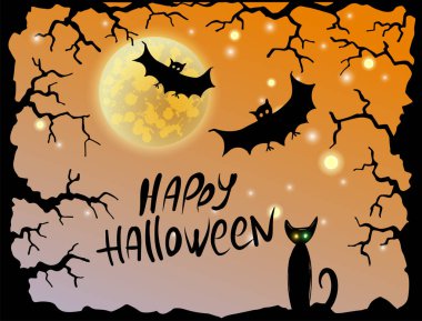 Mutlu Cadılar Bayramı kartları. Ürkütücü afiş. Dolunaylı gece turuncu arka plan, korkunç ağaçlardan yapılmış çerçeve, yarasa, kedi. Vektör çizimi. Cadılar Bayramı partisi için el ilanı ya da davetiye şablonu.