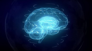 Siber uzayda gelecekteki mavi dijital beyin. Nöronlar, yapay zeka sinir ağının MRI taramasında ateşleniyor. Beyin aktivitesiyle ilgili tıbbi araştırma. Derin öğrenme, yapay zeka ve modern teknoloji 3D görüntüleme