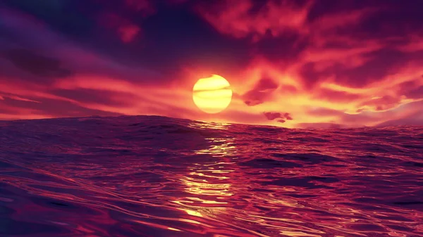 Red Beautiful Sunset Ocean Glowing Sun Shines Dusk Water Swells — Stock Photo, Image