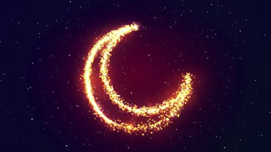 Parlak altın parçacıkları saman gökyüzü ile hilal şeklinde bir ay oluşturuyor. Işıltı ve ışıltıdan oluşan hilal sembollü parlak bir Ramazan 3D tasviri. Bokeh ve Işıltı ile 4K Tatil Efekti.