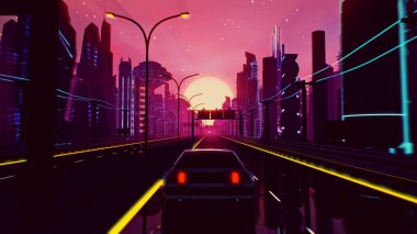 Neon City 'de 80' ler tarzı Retro-Futuristik sürüş. Günbatımı Cyberpunk manzarası. Otoyolda hareket eden bir araba. Müzik videosu için VJ synthwave üç boyutlu illüstrasyon. 4K biçimlendirilmiş vintage