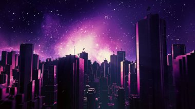 Geçmişe dönük fütüristik şehir geçişi. 80 'lerin bilim-kurgu, uzayda yıldızlı sentetik dalga manzarası. Vaporwave, EDM müzik videosu ve video oyunu girişi için VJ 3D illüstrasyonunu biçimlendirdi. 4K hareket tasarımı gerilemesi