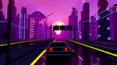 Neon City 'de 80' ler tarzı Retro-Futuristik sürüş. Günbatımı Cyberpunk manzarası. Otoyolda hareket eden bir araba. Müzik videosu için VJ synthwave üç boyutlu illüstrasyon. 4K biçimlendirilmiş vintage